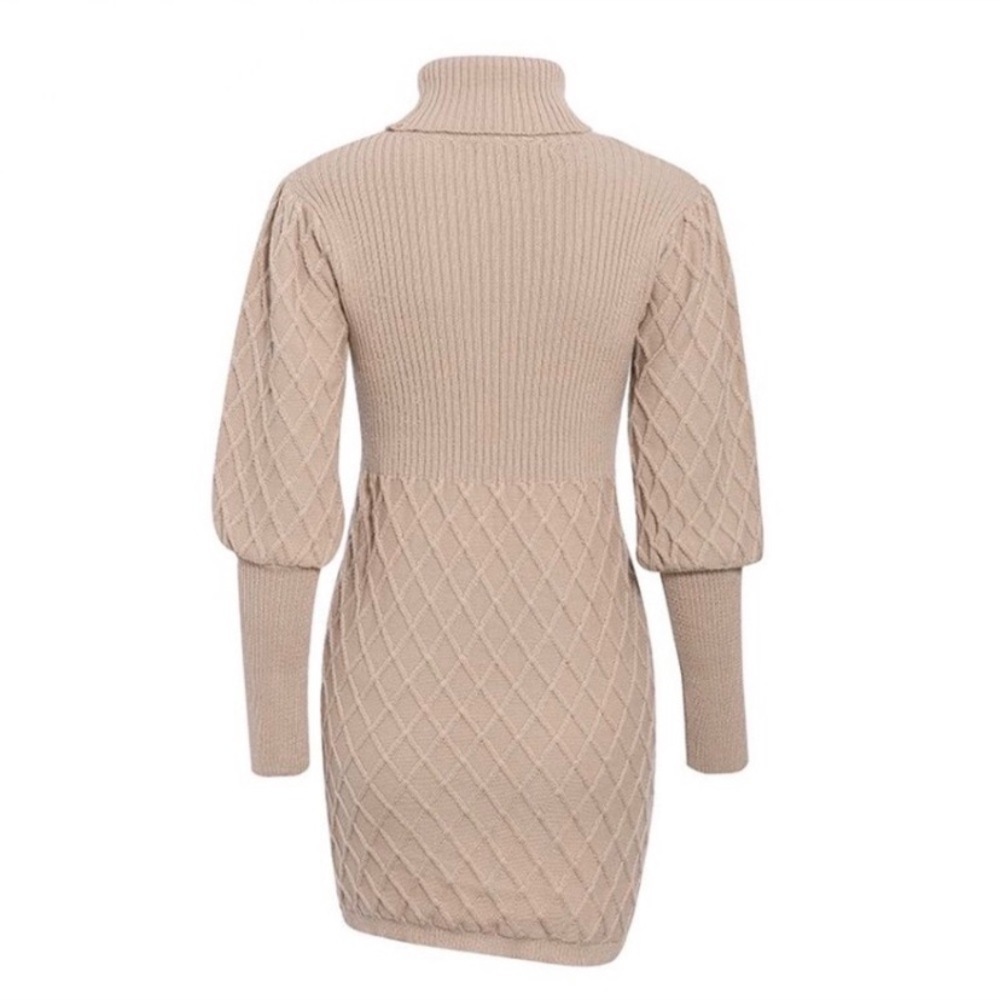 CLEARANCE Beige Lantern Sleeve Turtleneck Knit Sweater Dress - Picture 4 of 6